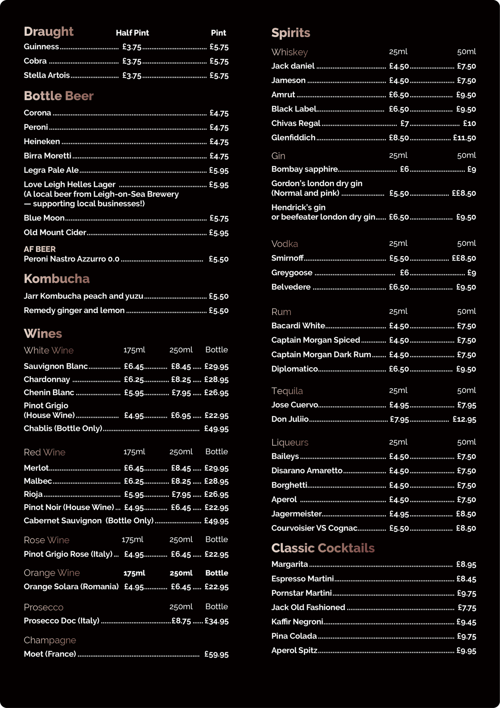 Mannat bar spirits cocktails menu Southend