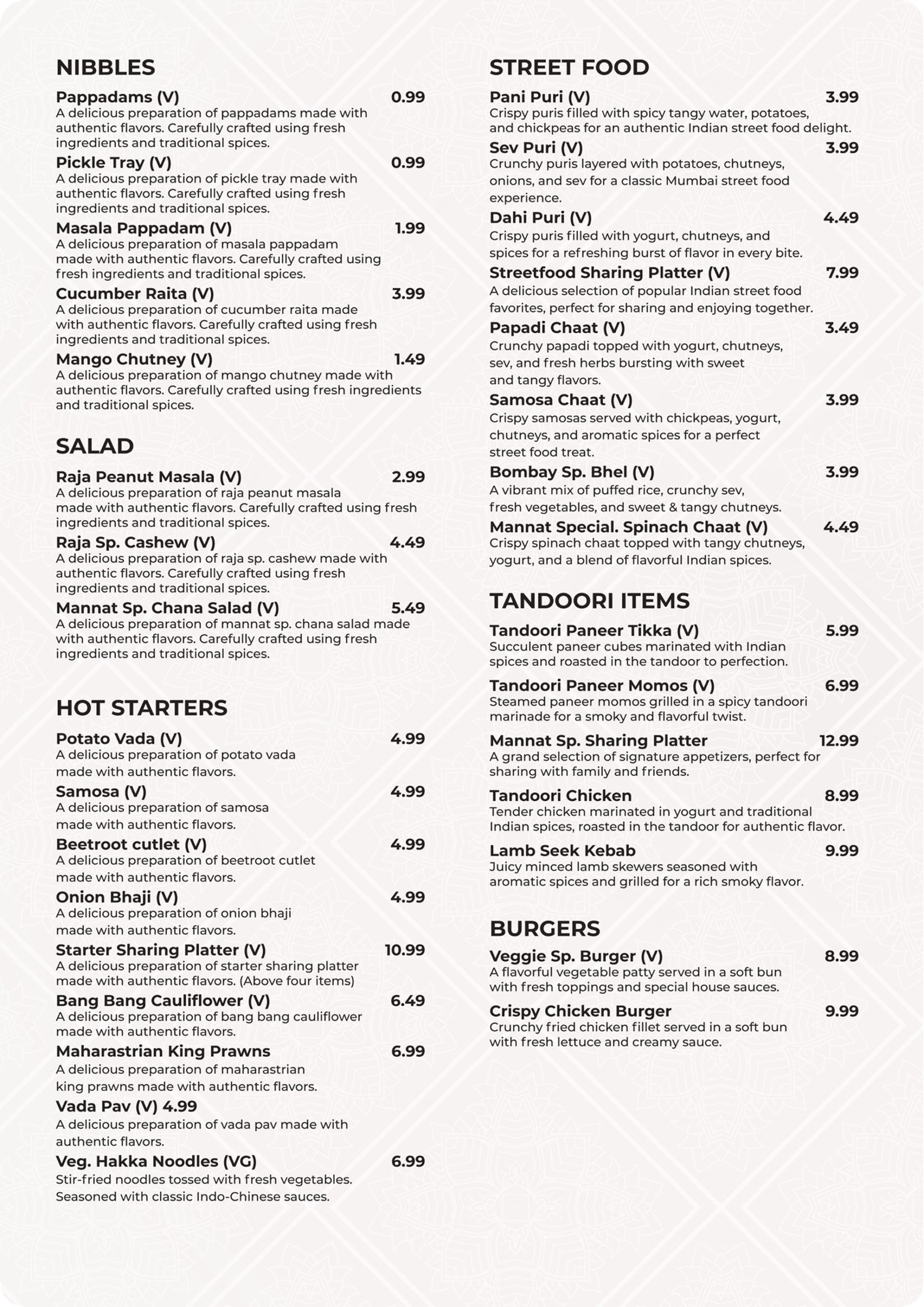 Mannat Food Menu